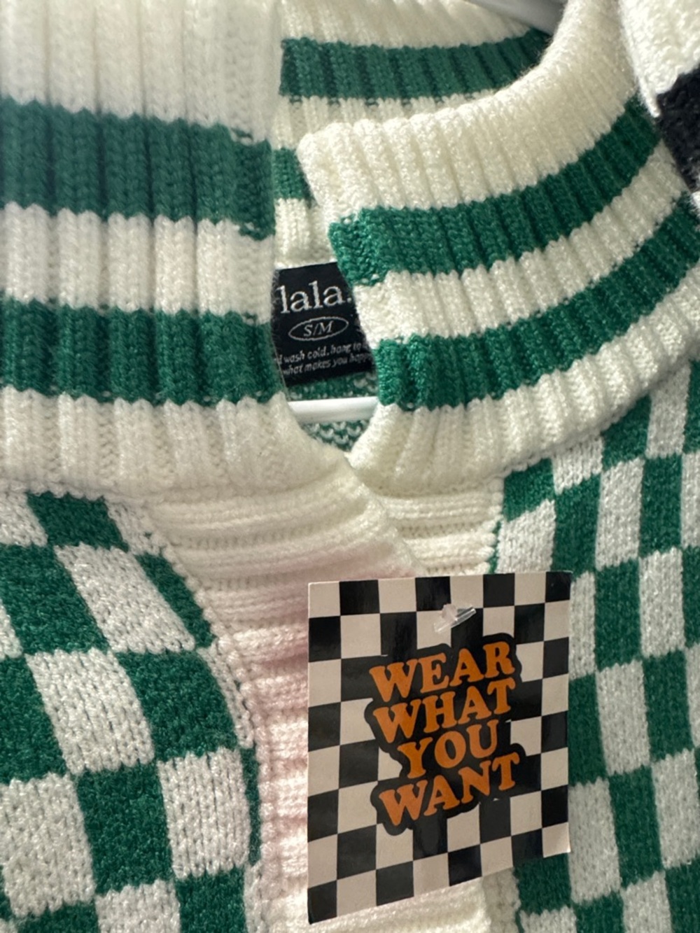Dressed in LALA Green and White Checker Knit Cardigan - Picture 2 of 7
